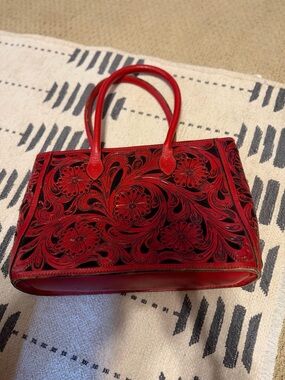 Hand-Tooled Red Leather Floral Tote